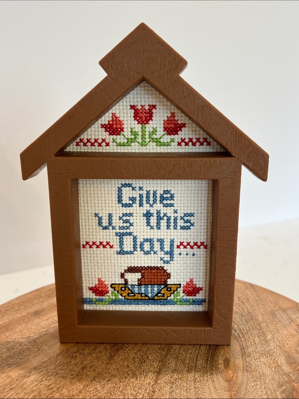 Vintage Give Us This Day Our Daily Bread Cross Stitch House Frame